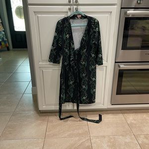 Size large, Persifor, black and green wrap dress.